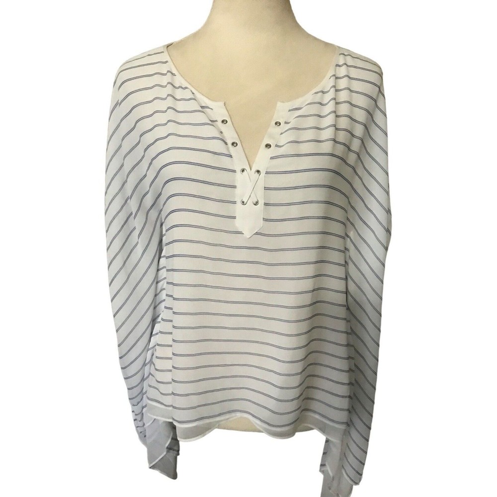 White House Black Market Sz S Blue White Striped Lined Flowy Sheer Resort Top